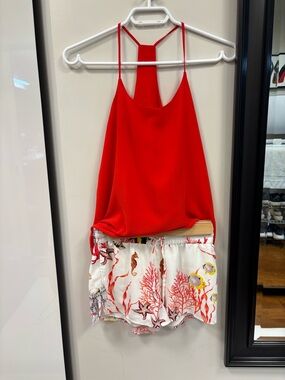 Red Halter Tank with Coral Print Shorts Set and short